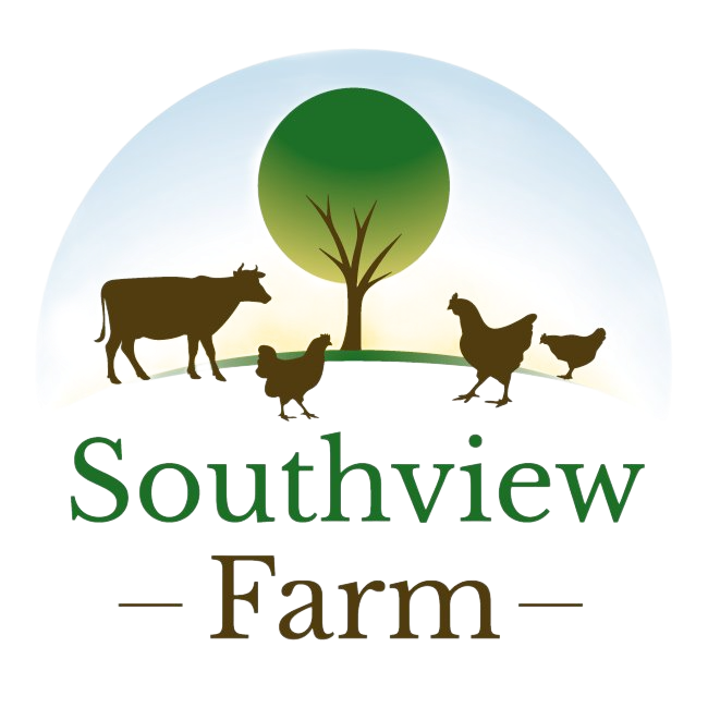 Silhouette of a cow, a chicken, a rooster, and a duck on a farm with a large tree in the background and the text "Southview Farm" underneath.