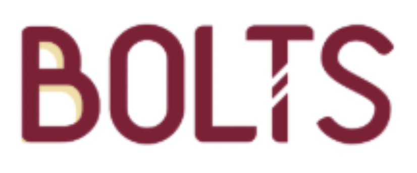 The word 'BOLTS' written in large maroon letters with a stylized 'T' that has diagonal lines running through it.