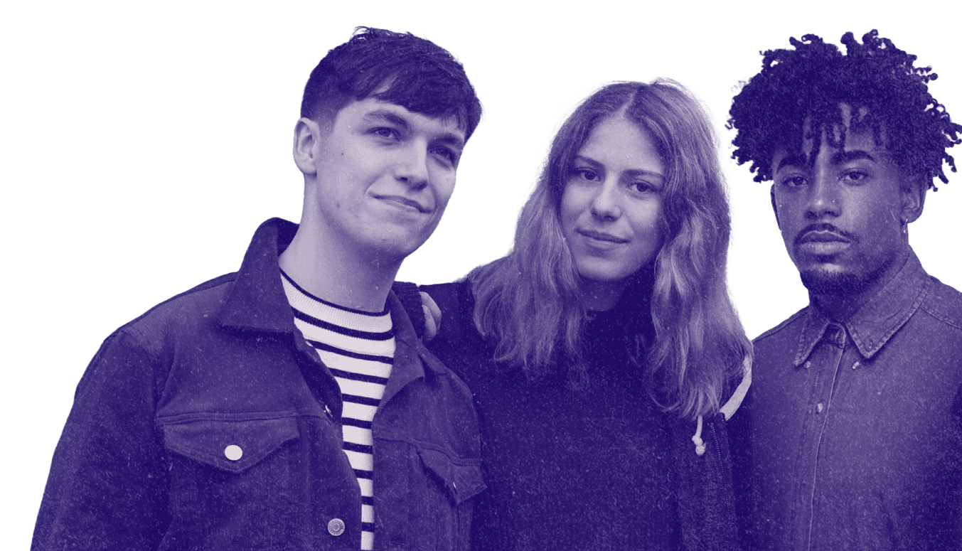 Three young adults standing close together, looking at the camera, with a black background.