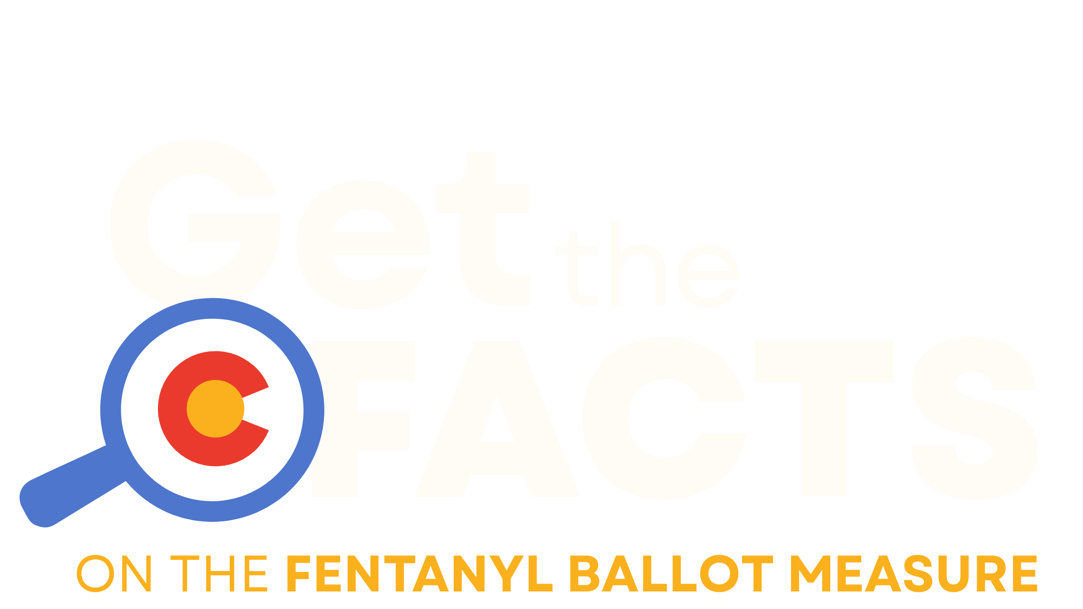 Text reads 'Get the facts on the fentanyl ballot measure' with a magnifying glass and target-like graphic, on a black background.