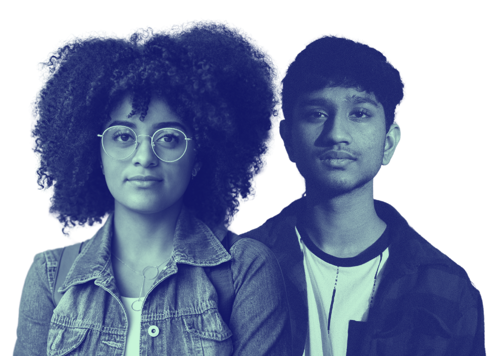 A young woman with curly hair and glasses standing next to a young man with short hair, both looking at the camera.