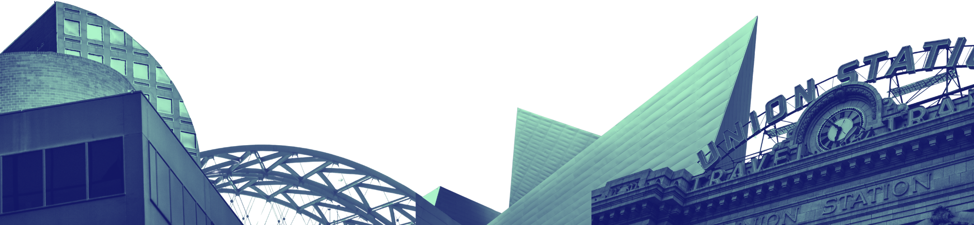 Logo of Union Station transit center with architectural buildings and structures.