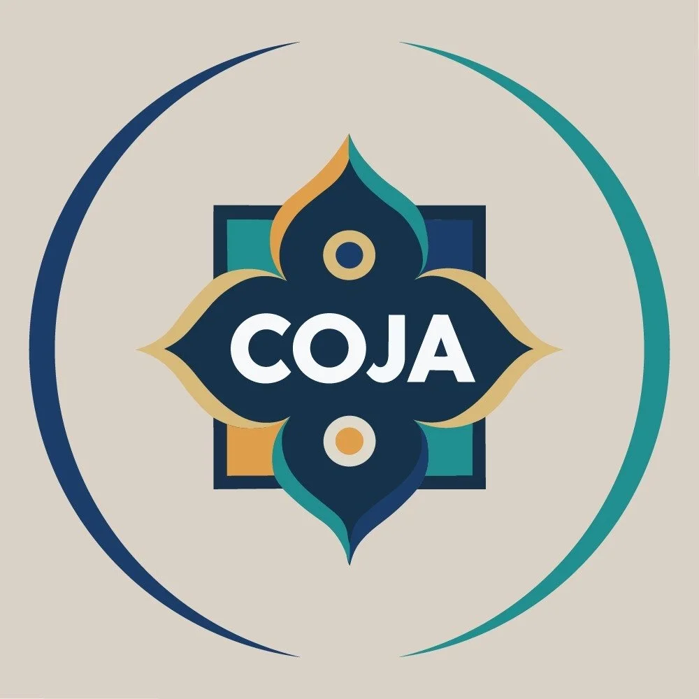 A logo featuring a stylized geometric floral pattern with the word 'COJA' in the center, surrounded by concentric semi-circles, all set against a light beige background.