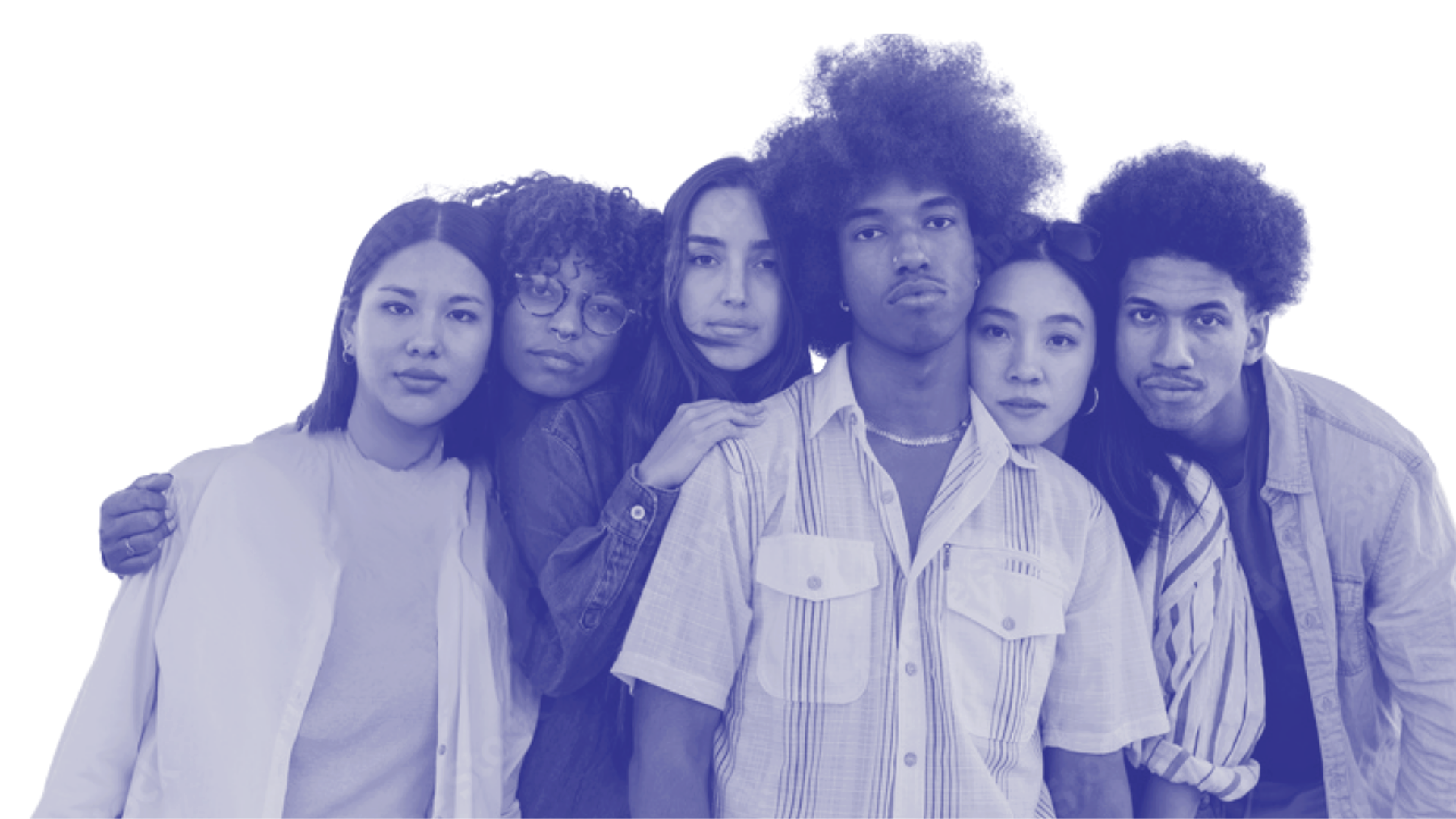 Group of six diverse young adults posing together, some with their arms around each other, looking directly at the camera.