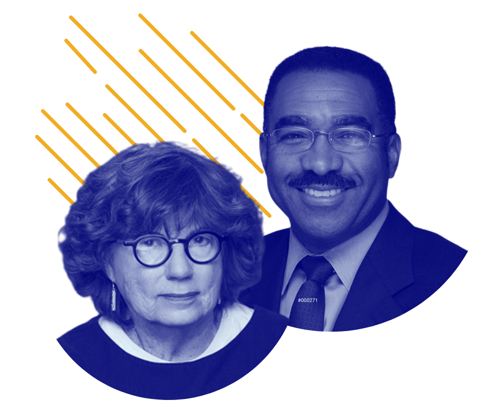 A graphic featuring two people, a woman with gray hair and glasses, and a man with dark hair and glasses, both smiling, set against a black background with orange and purple graphic design elements.