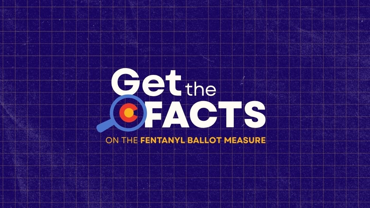 Graphic about fentanyl ballot measure with text 'Get the Facts on the Fentanyl Ballot Measure' and a magnifying glass icon highlighting a small red circle with a yellow center against a purple grid background.