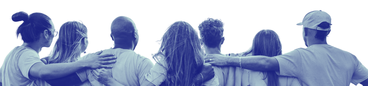 A group of seven young people standing outdoors at sunset, facing away and with arms around each other's shoulders.