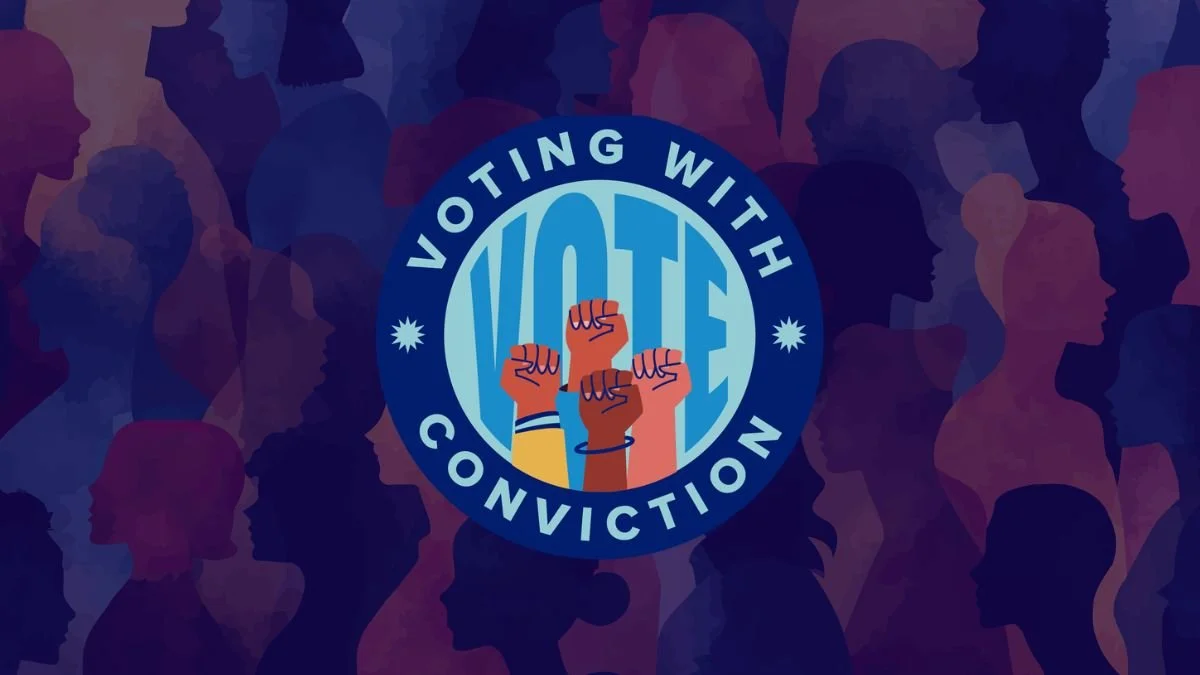 A diverse crowd of silhouette profiles in shades of purple, pink, and blue surrounds a circular badge with the text "Voting with Conviction" and a clenched fist in different skin tones inside the badge.