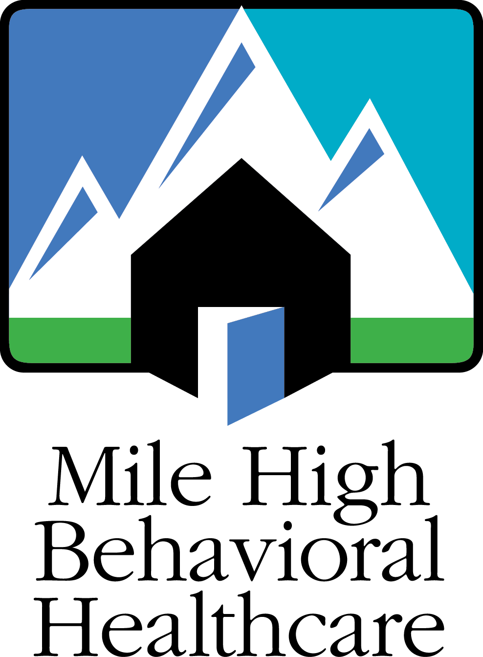A stylized illustration of a mountain landscape with white snow-capped peaks, a black mountain hut with a partially open door, a green ground, and a blue sky background.