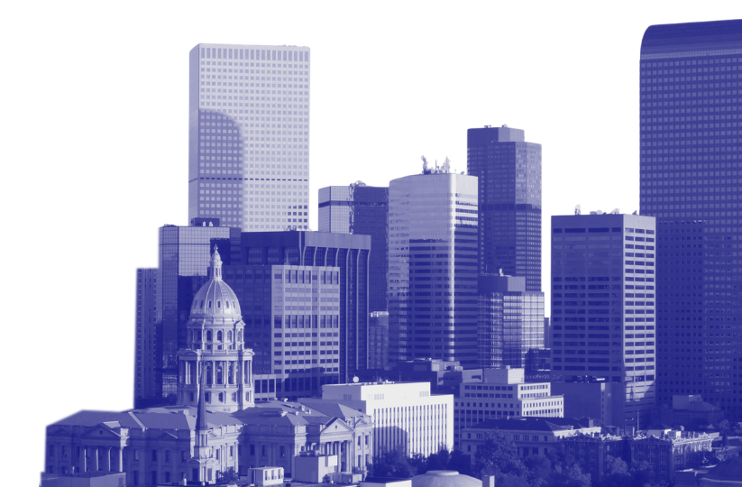 City skyline with various modern skyscrapers and a historic building with a dome in the foreground, in shades of blue.