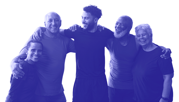 Group of five diverse adults smiling and hugging each other, standing close together.