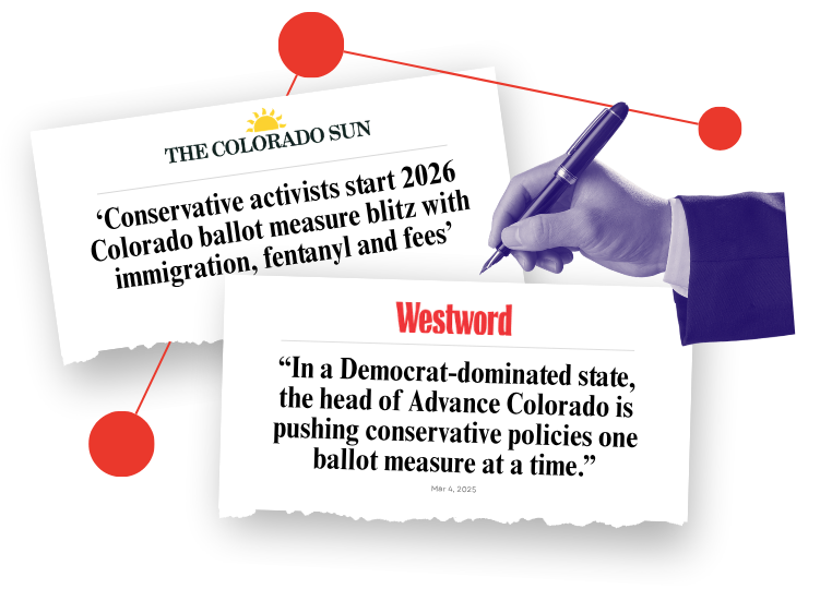 A graphic showing two newspaper headlines: one from 'The Colorado Sun' about conservative activists starting a ballot measure blitz, and another from 'Westword' criticizing the Democratic leadership in Colorado, with a hand in a suit holding a pen.