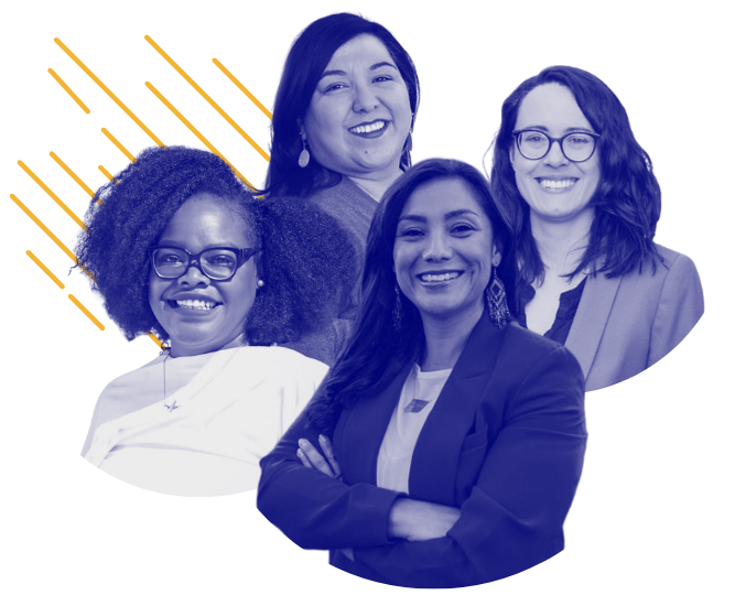 Group of five diverse professional women smiling and posing together.