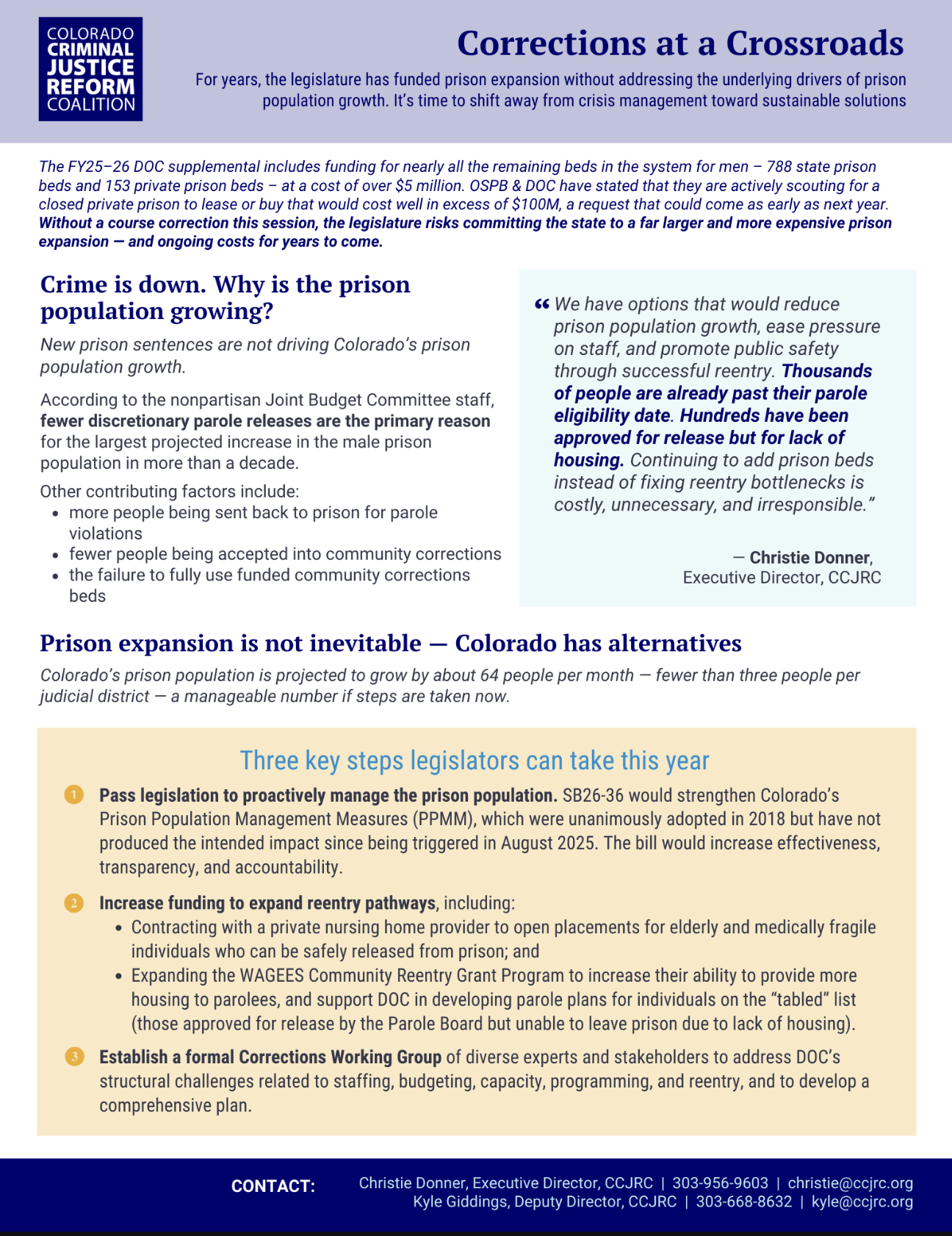 Flyer by Colorado Criminal Justice Reform Coalition advocating for criminal justice reform. It discusses prison population growth, reasons for the increase, and alternative strategies to prevent prison expansion. Includes a quote about reducing prison beds, outlines three legislative steps, and provides contact information for advocates.