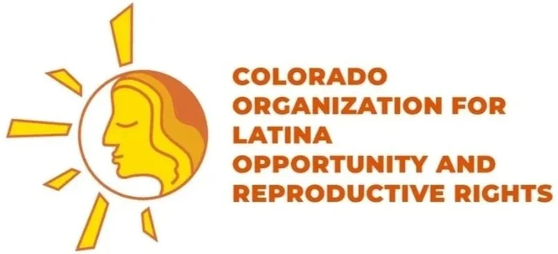 Logo of Colorado Organization for Latina Opportunity and Reproductive Rights, featuring a stylized profile of a woman's face with sun rays around it in yellow and orange.