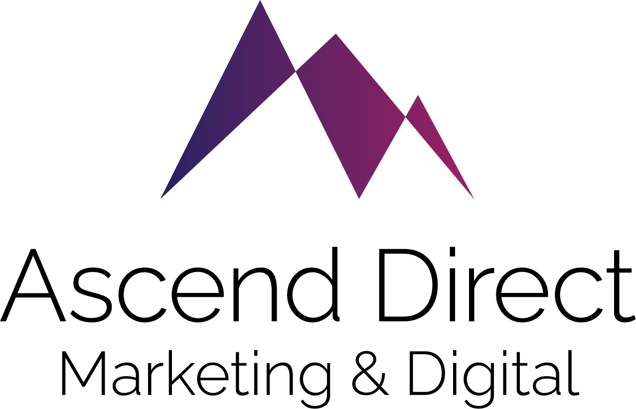Logo with stylized purple mountain peaks and black text that says "Ascend Direct Marketing & Digital."