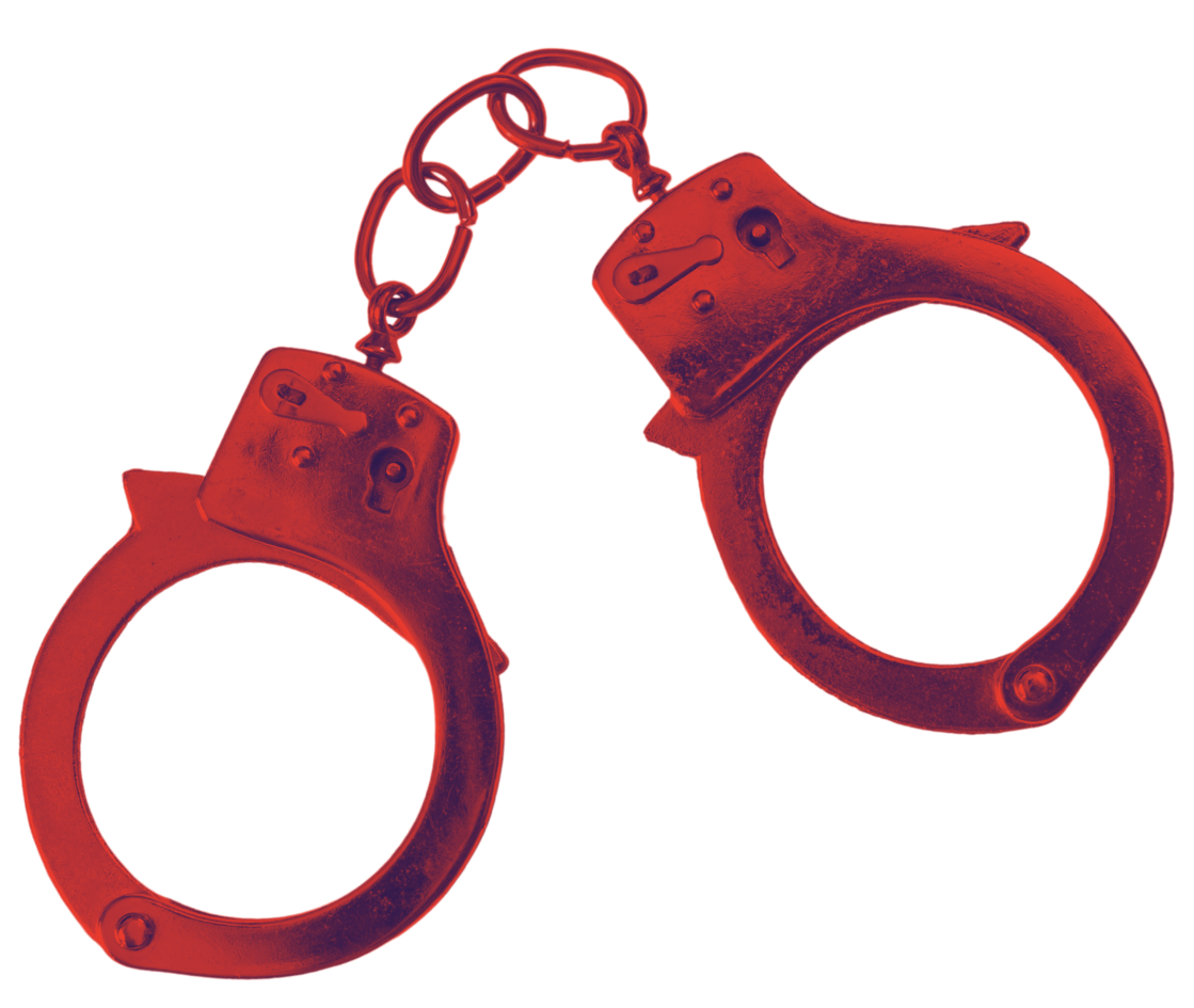 Red handcuffs with a chain, isolated on a transparent background.