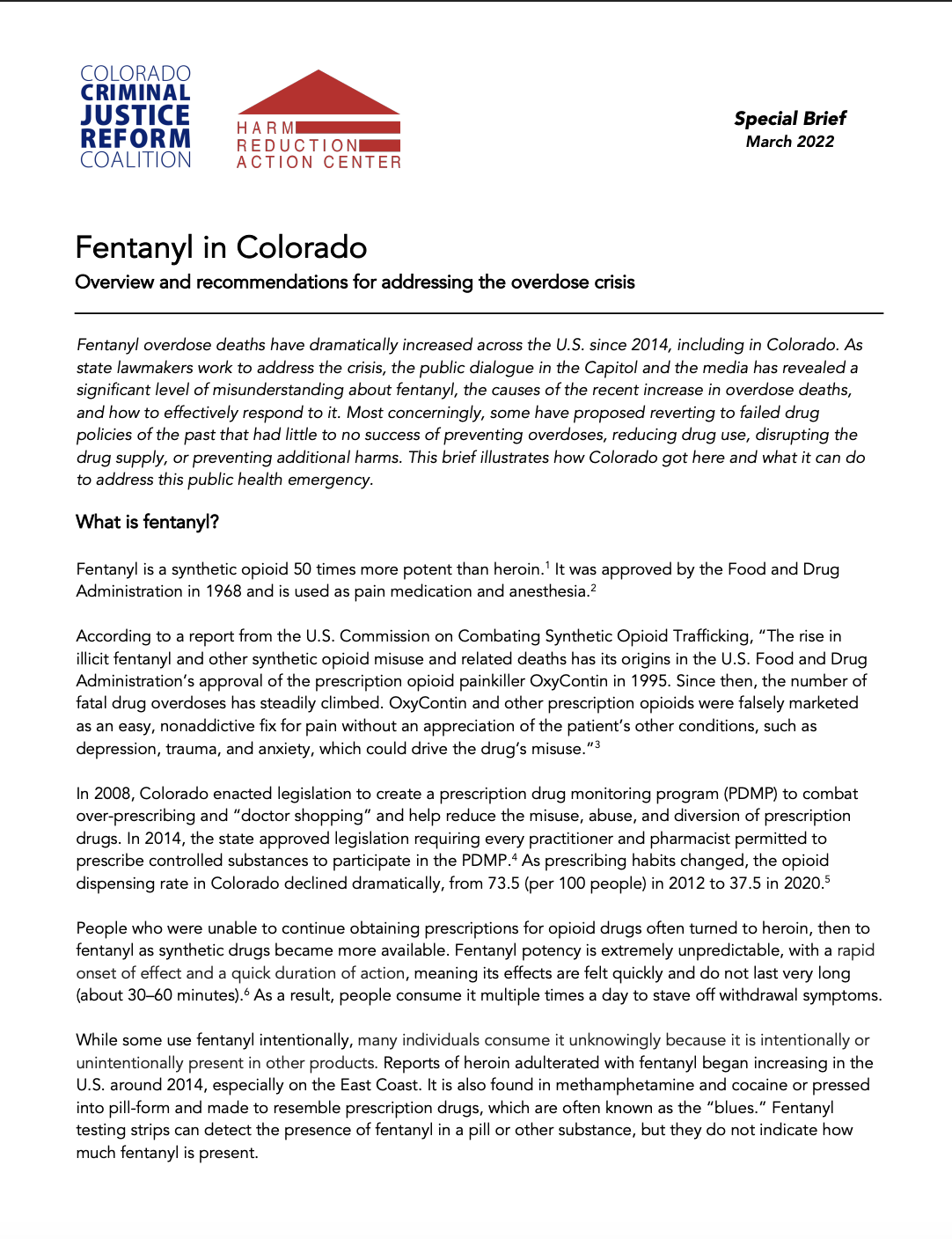 Document titled 'Fentanyl in Colorado' with logos for Colorado Criminal Justice Reform Coalition and Harm Reduction Action Center, discussing overdose crisis and fentanyl's effects.