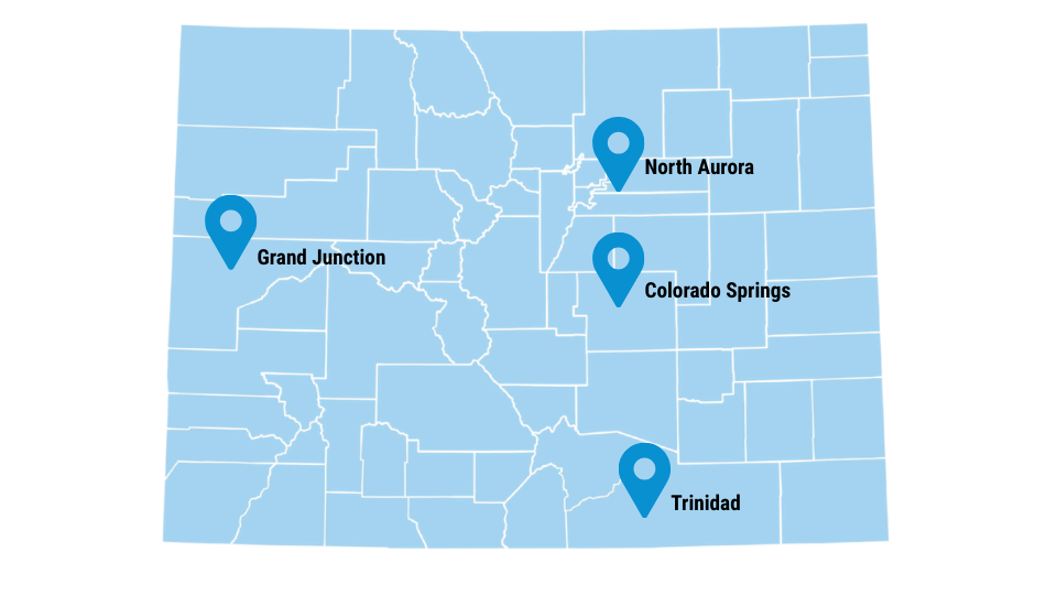 Map of Colorado showing four cities: Grand Junction, North Aurora, Colorado Springs, and Trinidad, with location markers for each.