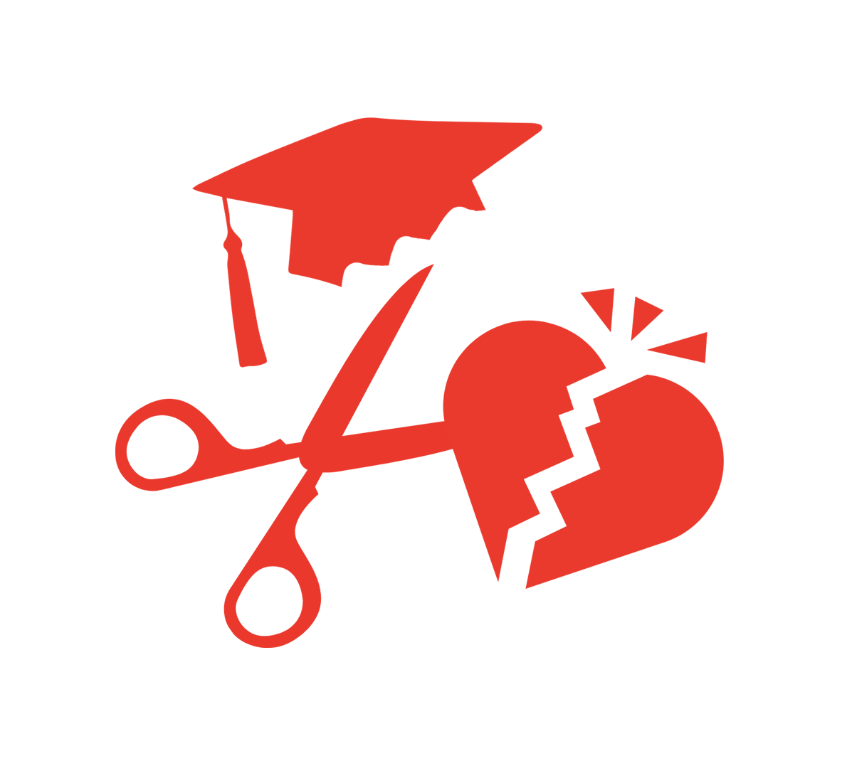 A pair of scissors cutting through a broken heart with a jagged crack in the middle and a small explosion symbol near the top right of the heart, along with a graduation cap above the scissors.