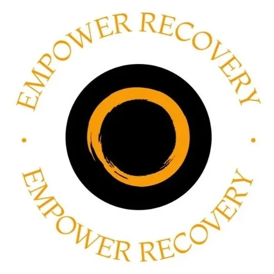 A logo featuring a black circle with an orange brushstroke circle inside it, surrounded by the text 'Empower Recovery' written in orange, curved around the logo.