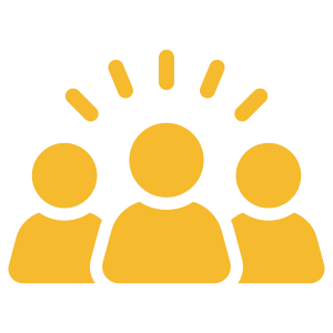 Icon of three people with rays emanating from the central figure, representing a group or community.