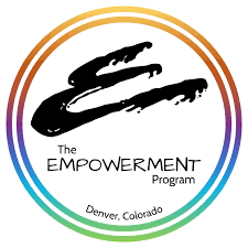 Logo for The Empowerment Program in Denver, Colorado, featuring a stylized black 'E' within concentric rainbow-colored circles.