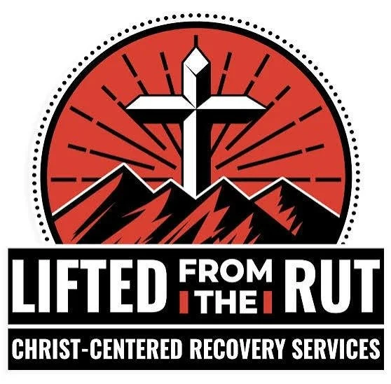 A logo featuring a cross with rays emanating from behind it, mountain peaks below, and the text "Lifted from the Rut" and "Christ-Centered Recovery Services".