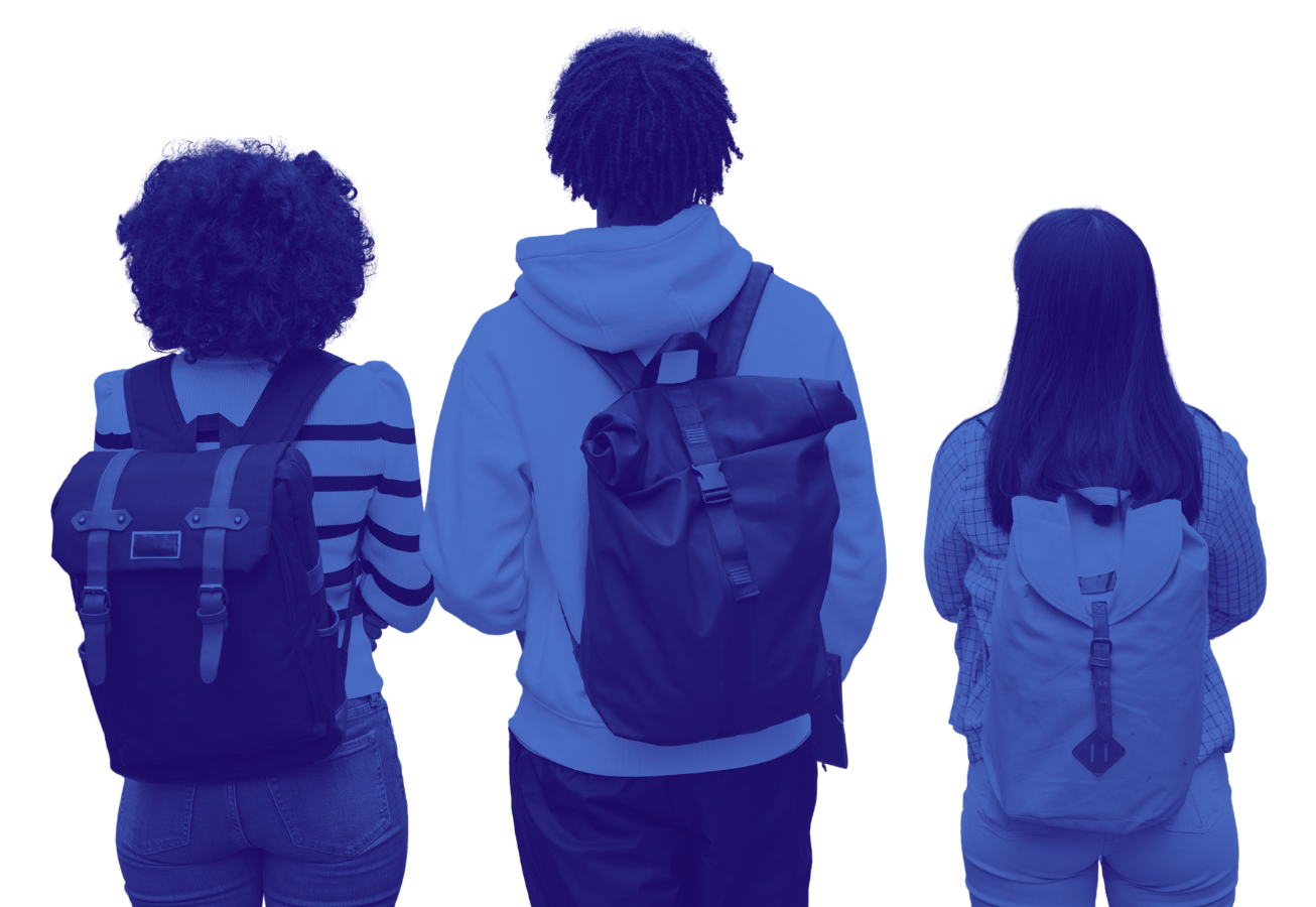 Three individuals with backpacks standing and facing away, seen from the back, against a black background.