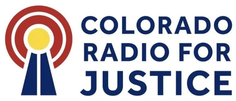 Logo of Colorado Radio for Justice with a red and yellow radio tower icon and bold blue text.