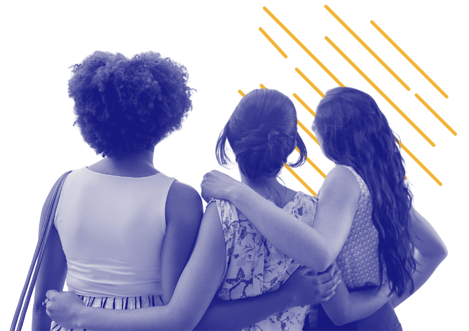 Three women hugging each other, standing close together and facing away from the camera.