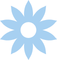 Simplified graphic of a blue flower with multiple petals.
