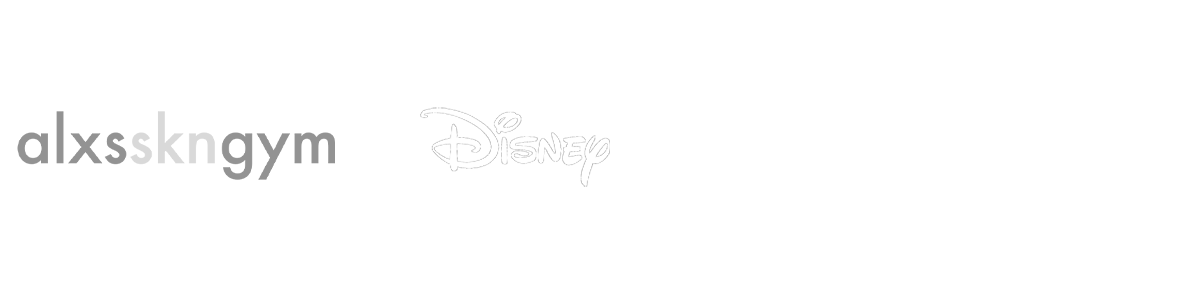 Text with the words 'alxsskn gym,' the Disney logo in light outline, and a gray background.