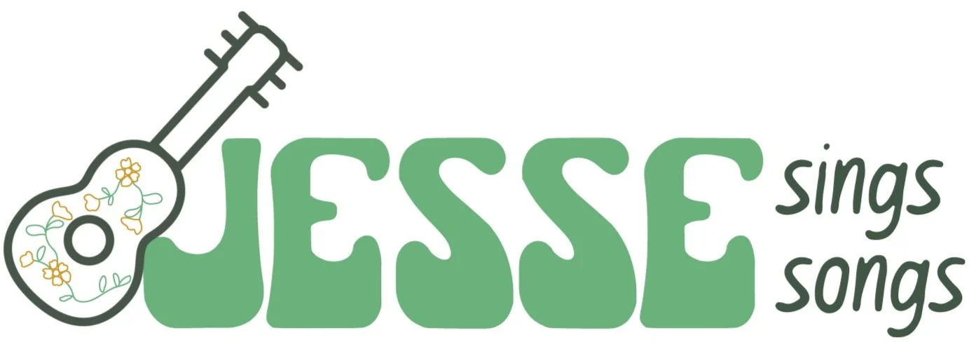 Logo with the text 'Jesse' in large green letters, and 'sings songs' in smaller black letters, with a guitar illustration decorated with flowers and leaves.