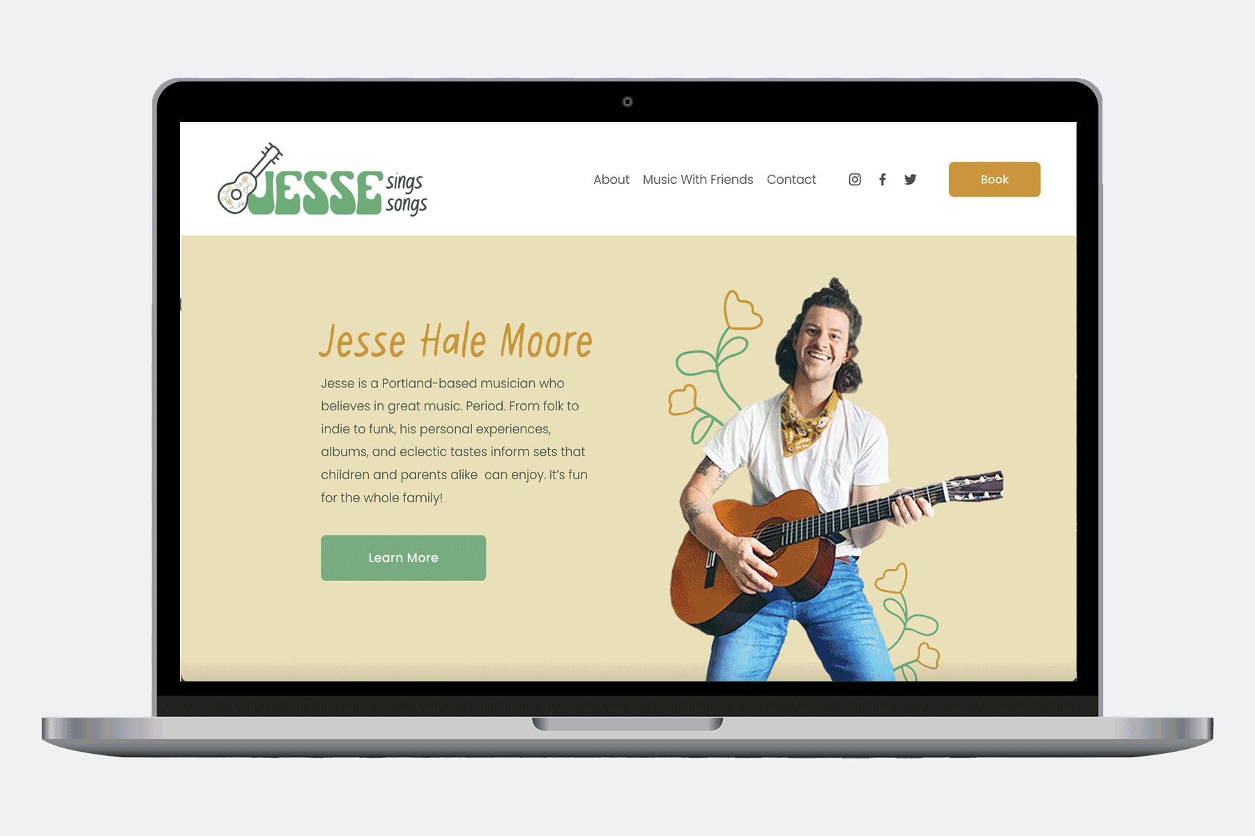 Website homepage for musician Jesse Hale Moore featuring a photo of Jesse playing guitar, with a text introduction and green 'Learn More' button.