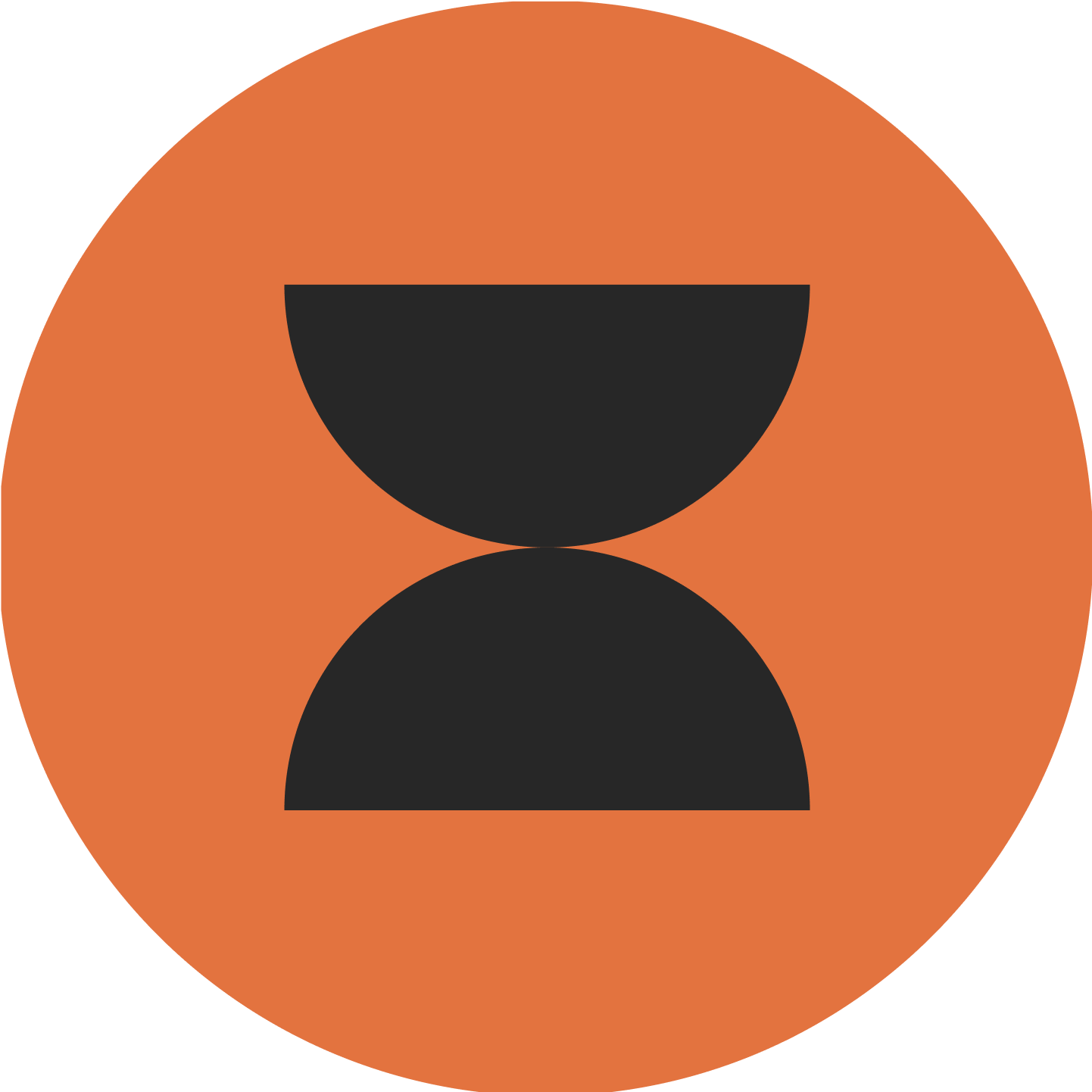 A circular icon with an orange background, featuring a minimalist black hourglass symbol.