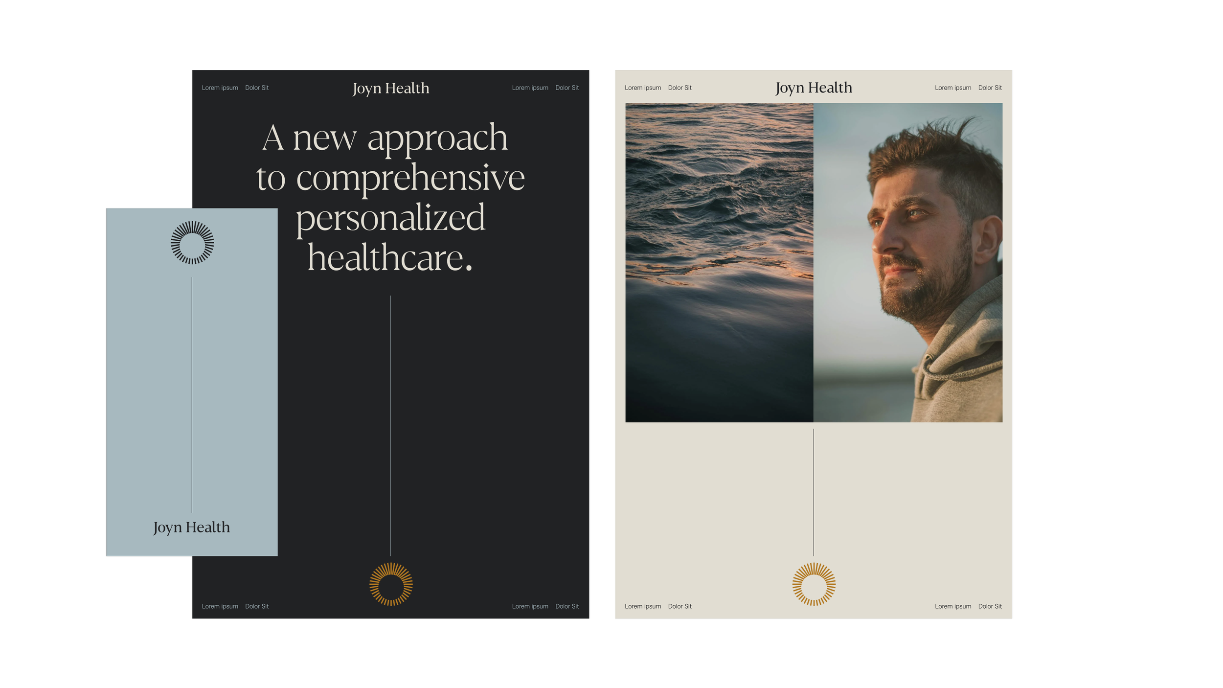Two website mockups for Joyn Health, one dark-themed with a large text that says 'A new approach to comprehensive personalized healthcare,' the other light-themed displaying a side profile of a man outdoors, with images of ocean waves and a man with a beard in a hoodie.