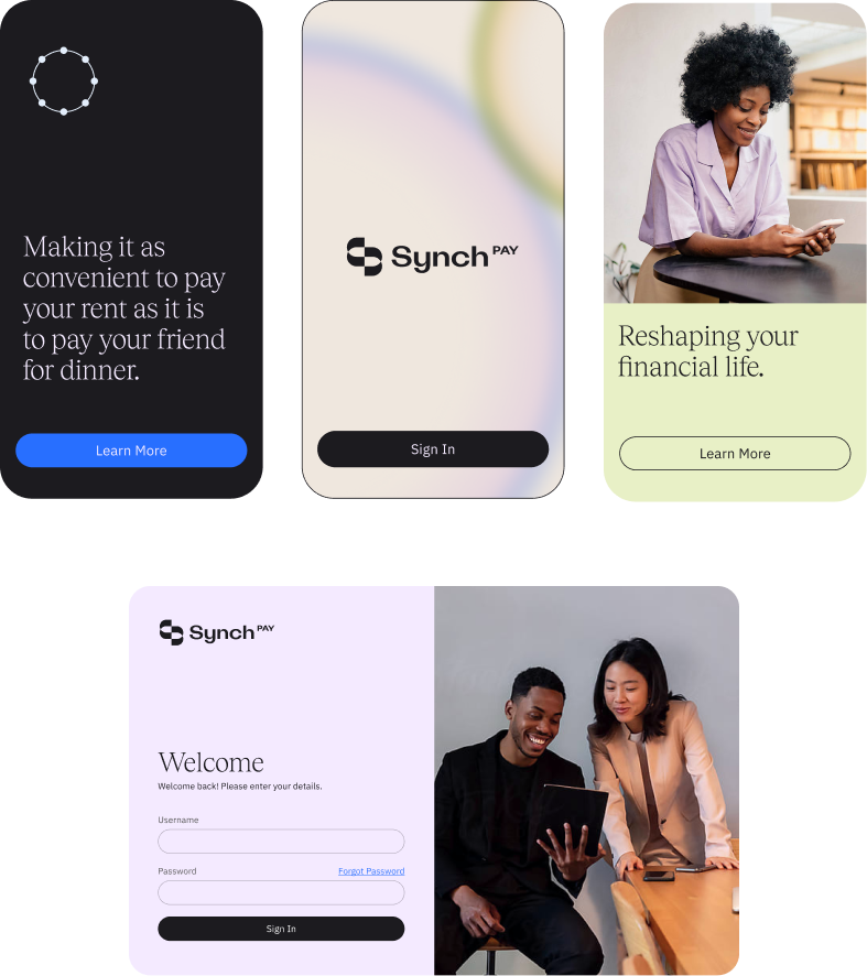Screenshots of the Synch Pay app, including screens for making payments, signing in, and welcoming users, with diverse users interacting with the app for financial or rent payments.