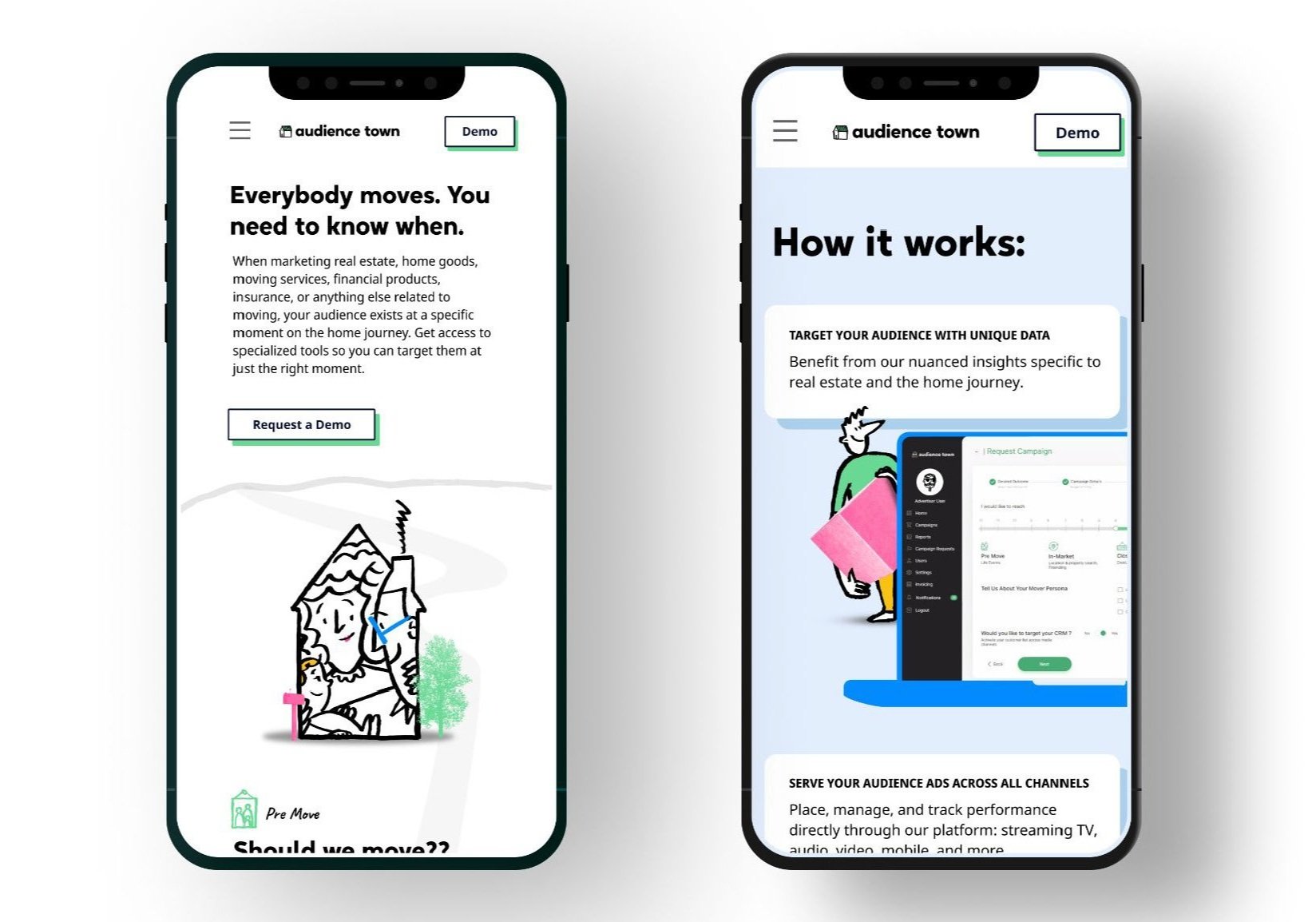 Two smartphones displaying a marketing app called 'Audience Town,' with onboarding screens. The left screen has text about real estate audience targeting and a cartoon house with a person and trees. The right screen explains how the platform works with a cartoon character holding a pink object, combined with a screenshot of campaign management.