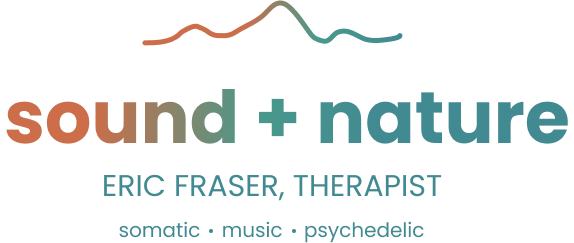 Logo for Sound + Nature featuring wavy lines and text for Eric Fraser, Therapist, specializing in somatic, music, and psychedelic therapies.