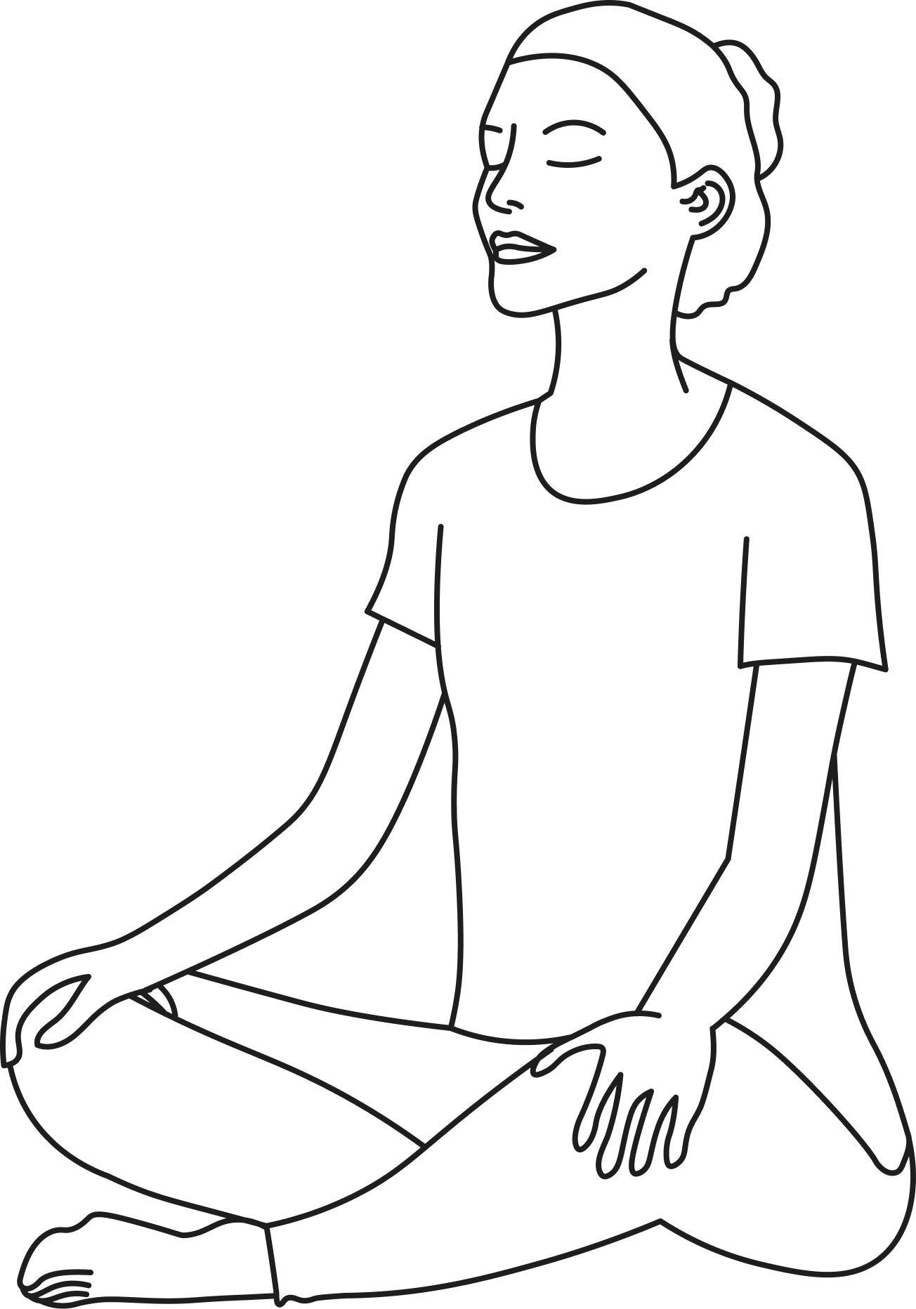 Line drawing of a woman sitting cross-legged in a meditative pose with her eyes closed.