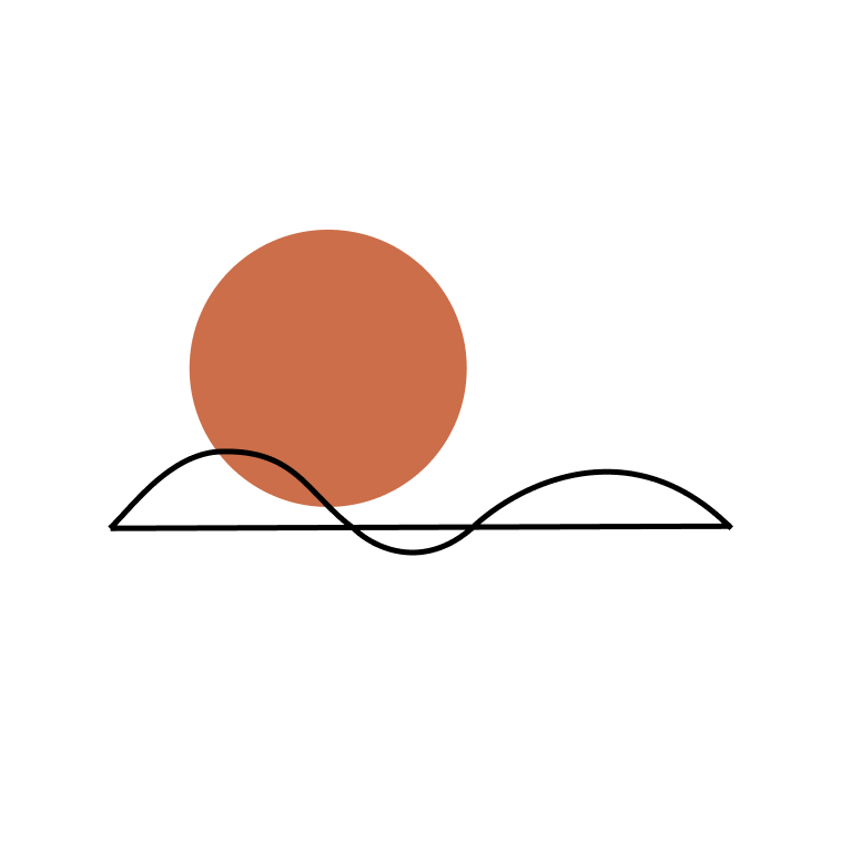 Abstract geometric design with a large red-orange circle, black wavy lines, and a thin black horizontal line on a white circular background.