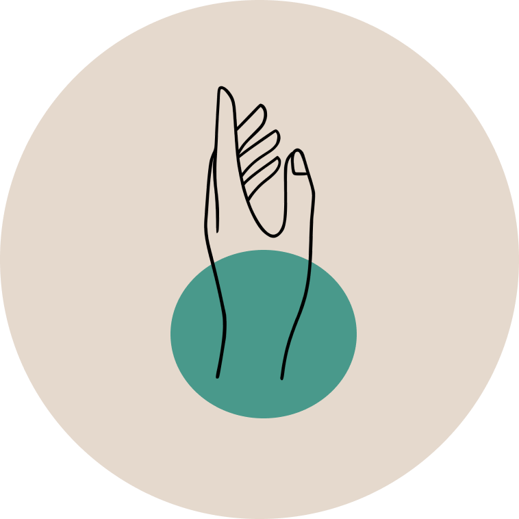 Minimalist illustration of a human hand with fingers slightly spread and palm open, set against a green circle background and surrounded by a beige circle.