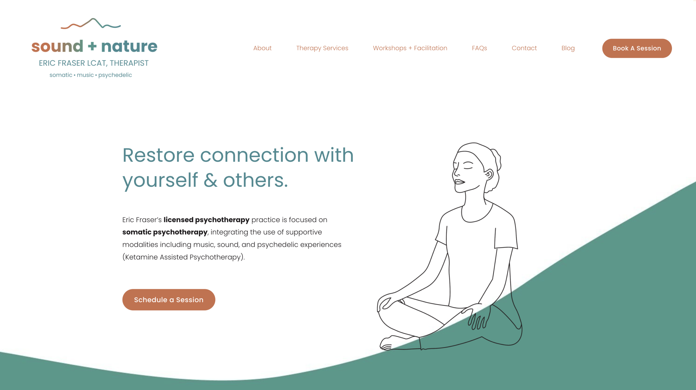 Website homepage for Sound + Nature therapy services, featuring a line drawing of a woman meditating and text about restoring connection through somatic psychotherapy.