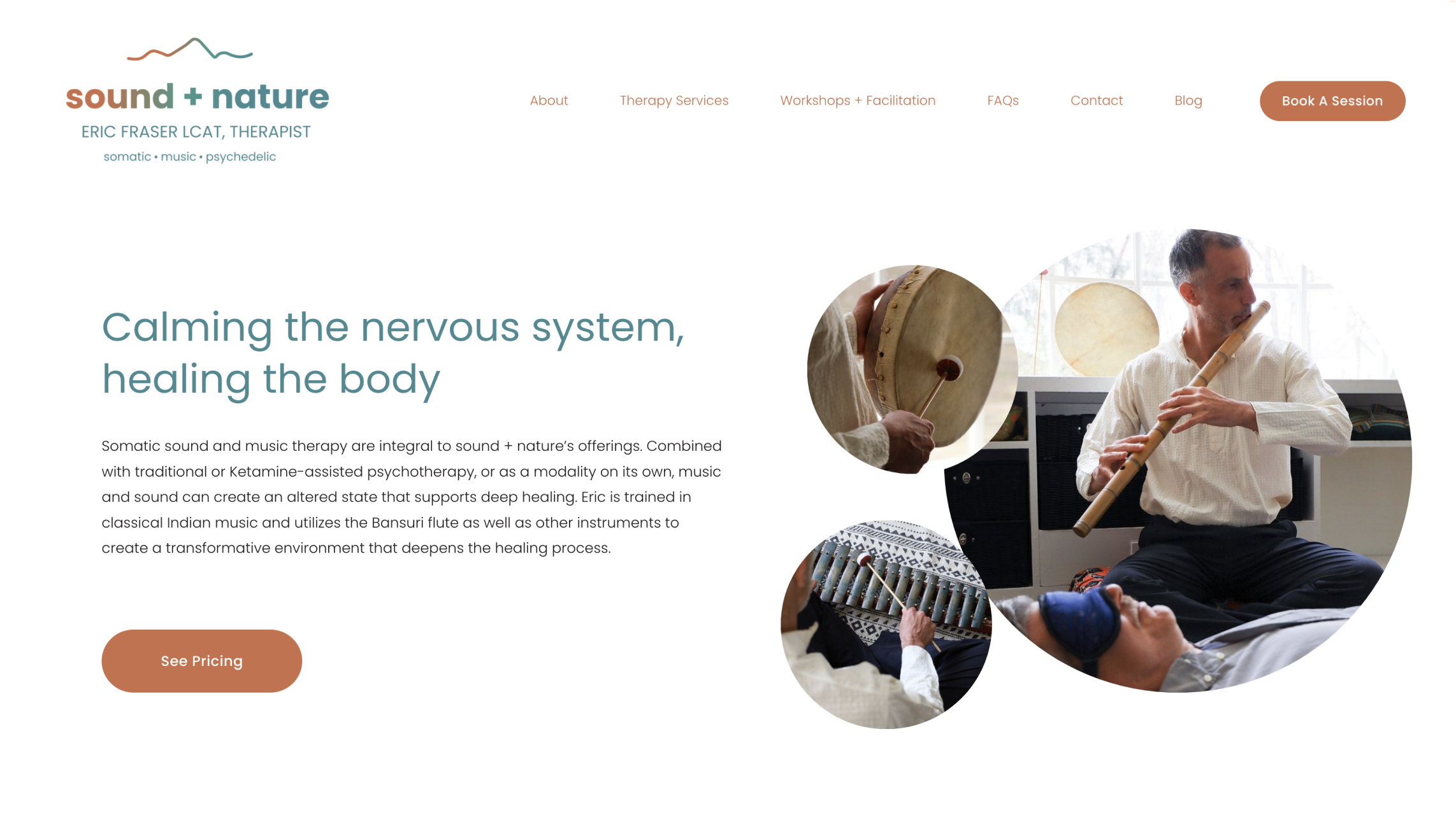 Website homepage for sound + nature therapy, featuring images of people playing traditional Indian musical instruments, including a bamboo flute, drum, and a xylophone, with text about calming the nervous system and healing the body through sound and