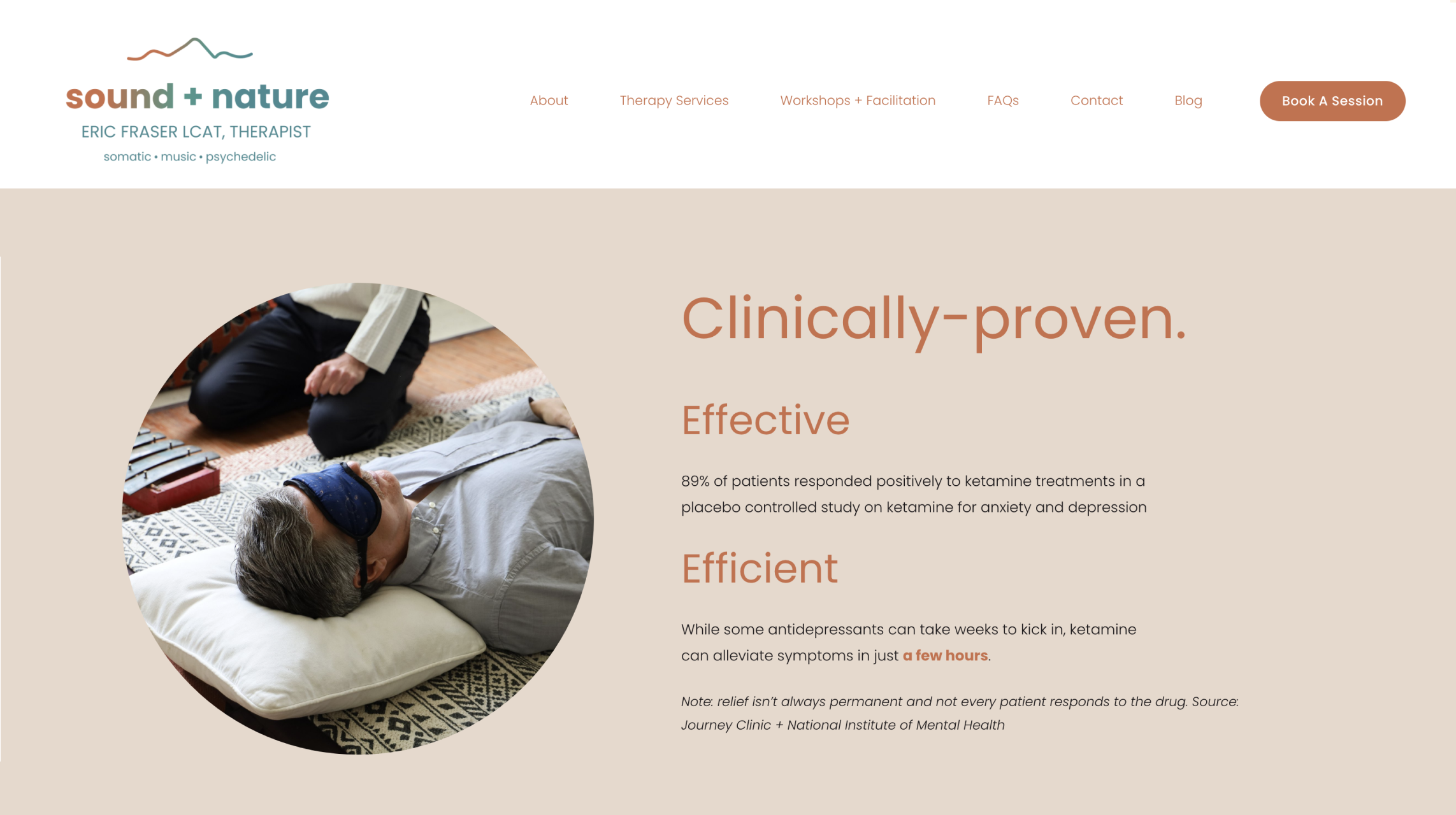 A person lying on a bed with an eye mask, receiving sound therapy from a practitioner during a session of sound and nature therapy.