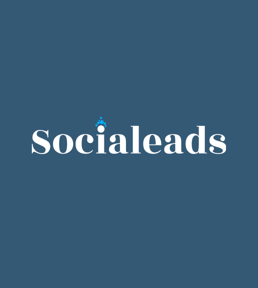 Logo for SocialLeads with white text on a dark blue background and small blue dots above the letter 'i'