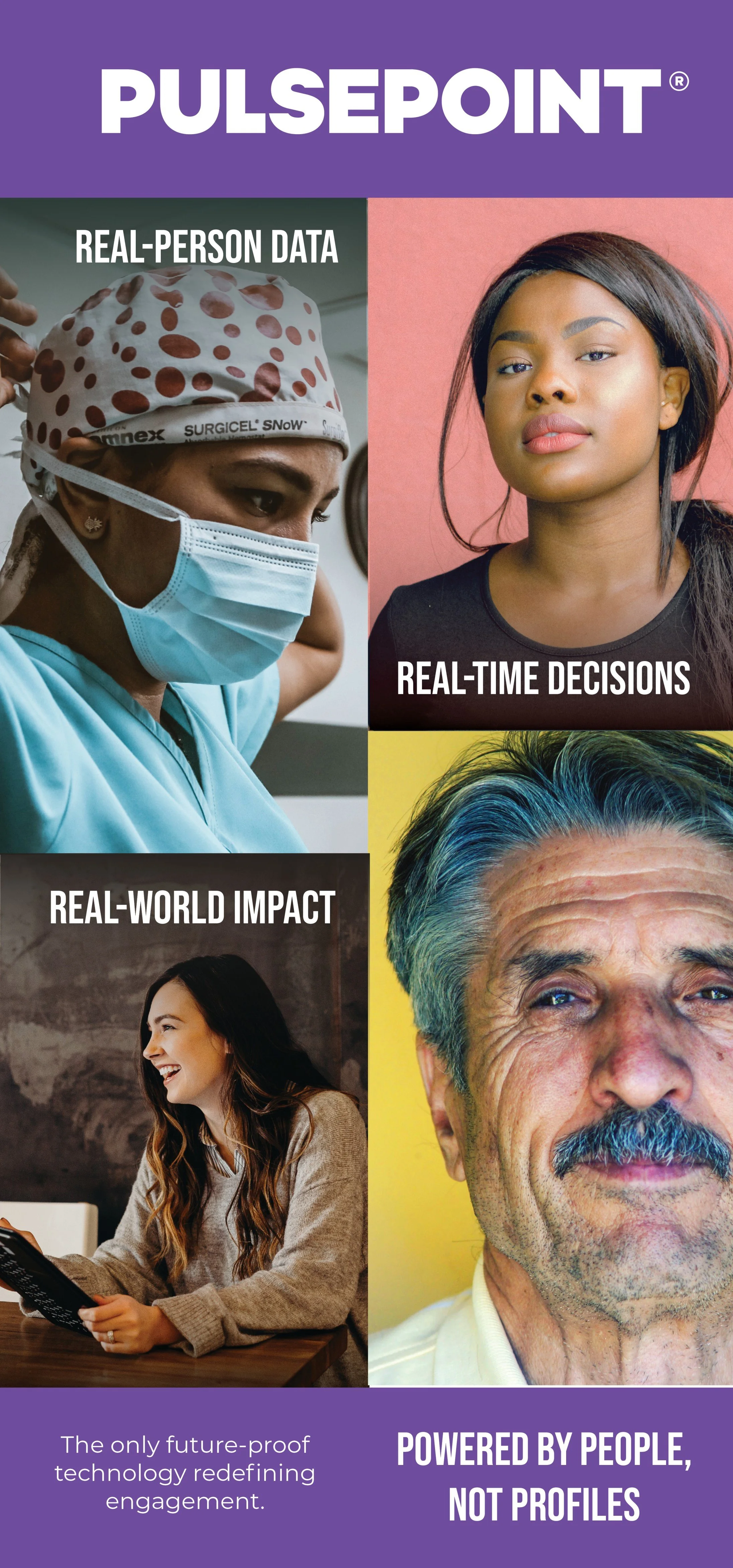 A promotional poster for PulsePoint showing images of healthcare workers, a young woman, and an elderly man. The poster emphasizes real-person data, real-time decisions, real-world impact, and technology powered by people, not profiles.