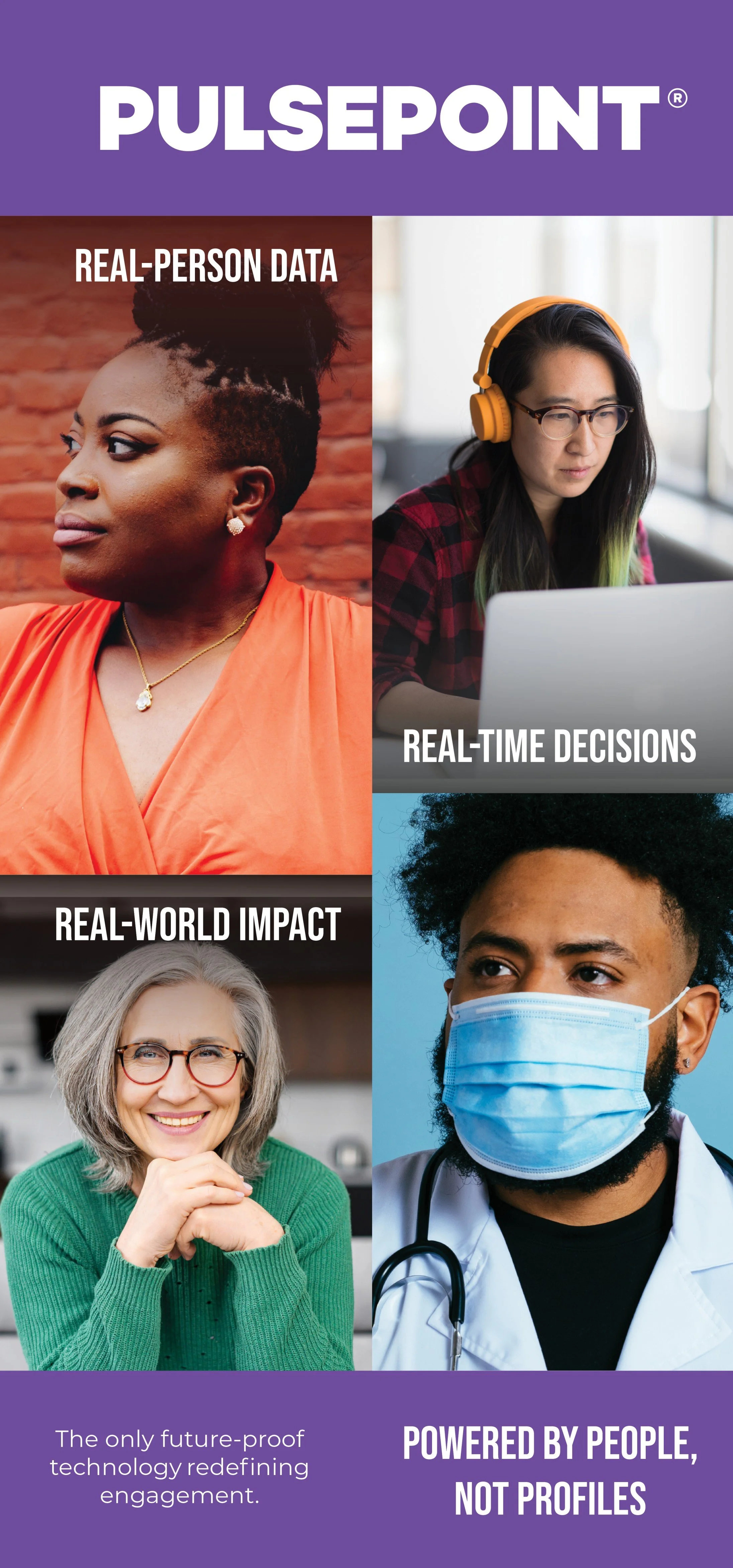 Advertising poster for PulsePoint showing diverse people using real-person data, real-time decisions, and real-world impact in technology, with tagline 'Powered by people, not profiles'.
