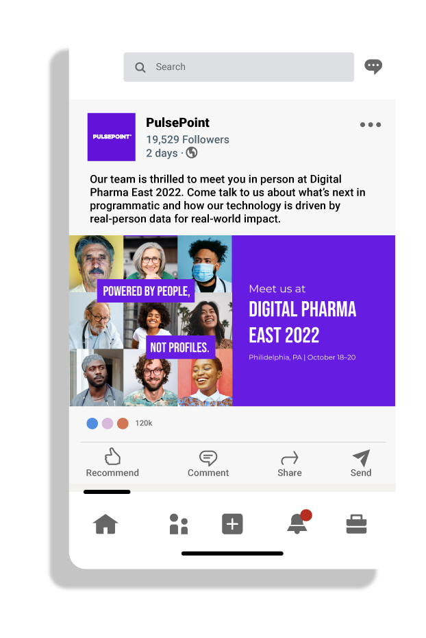 Social media post on a phone screen announcing Digital Pharma East 2022 with photos of diverse smiling people and event details in purple and white text.